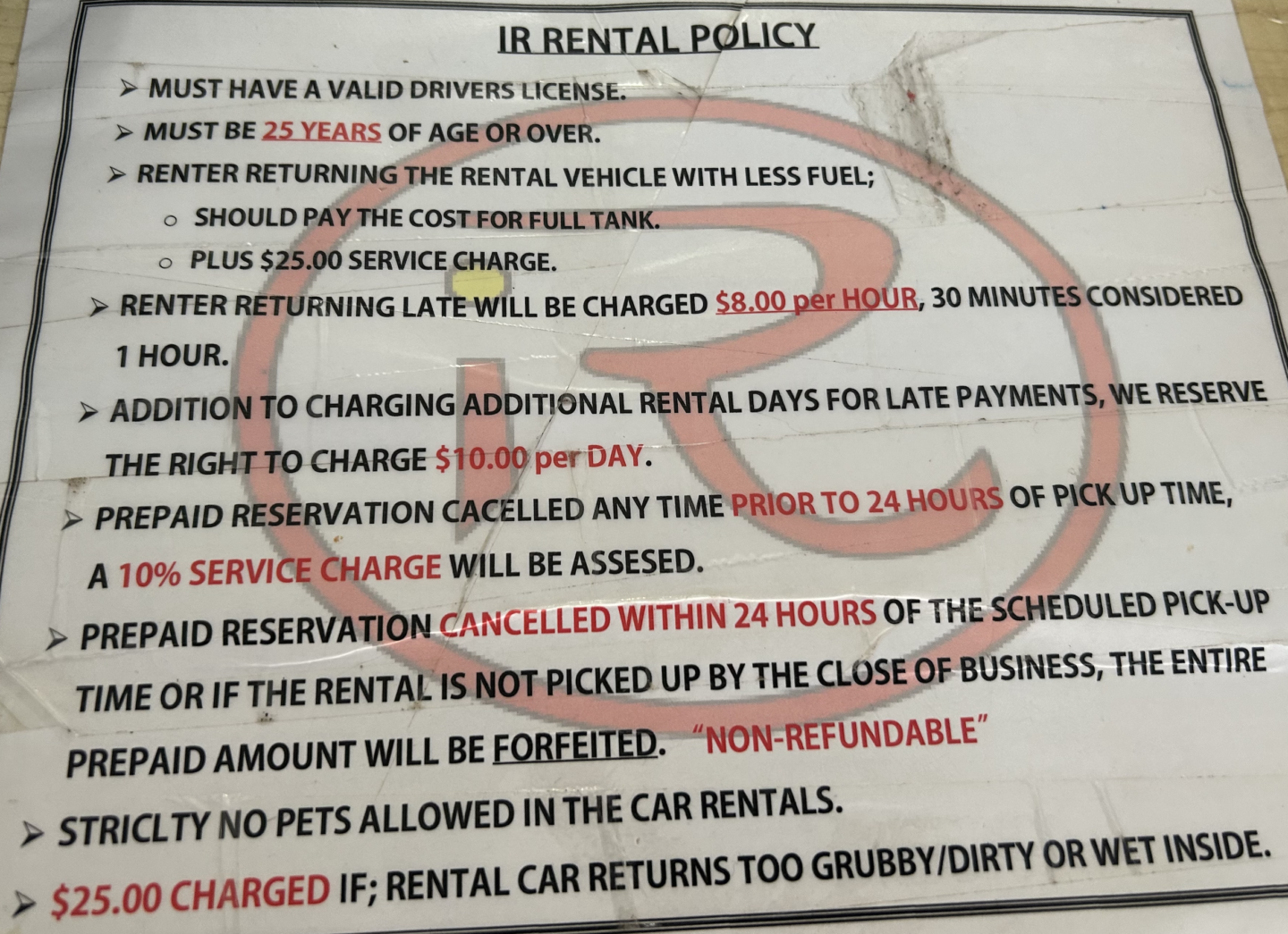 IR Motors Koror Palau Rental Policy