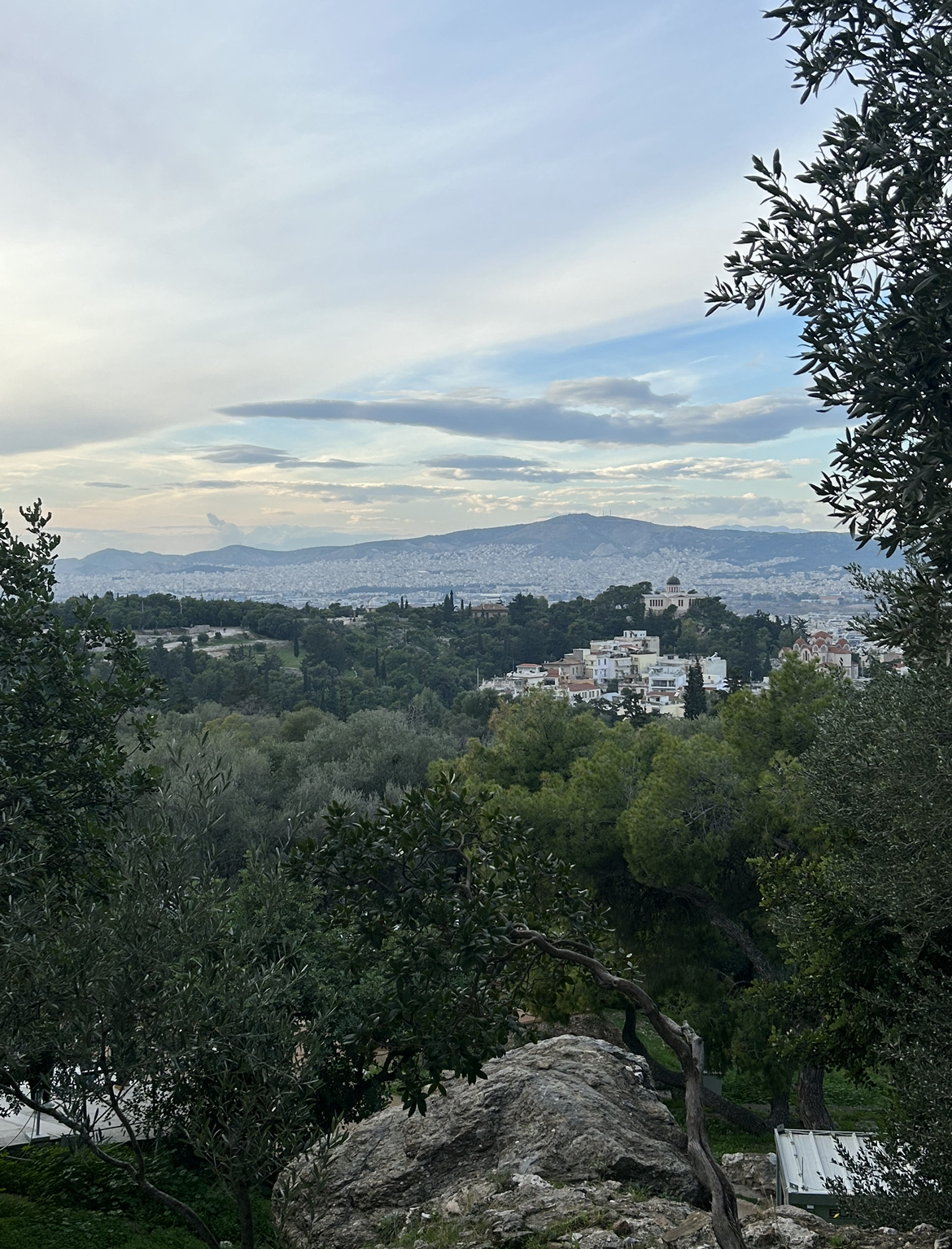 View of Athens from gardens at the Acropolis, Athens, Greece.