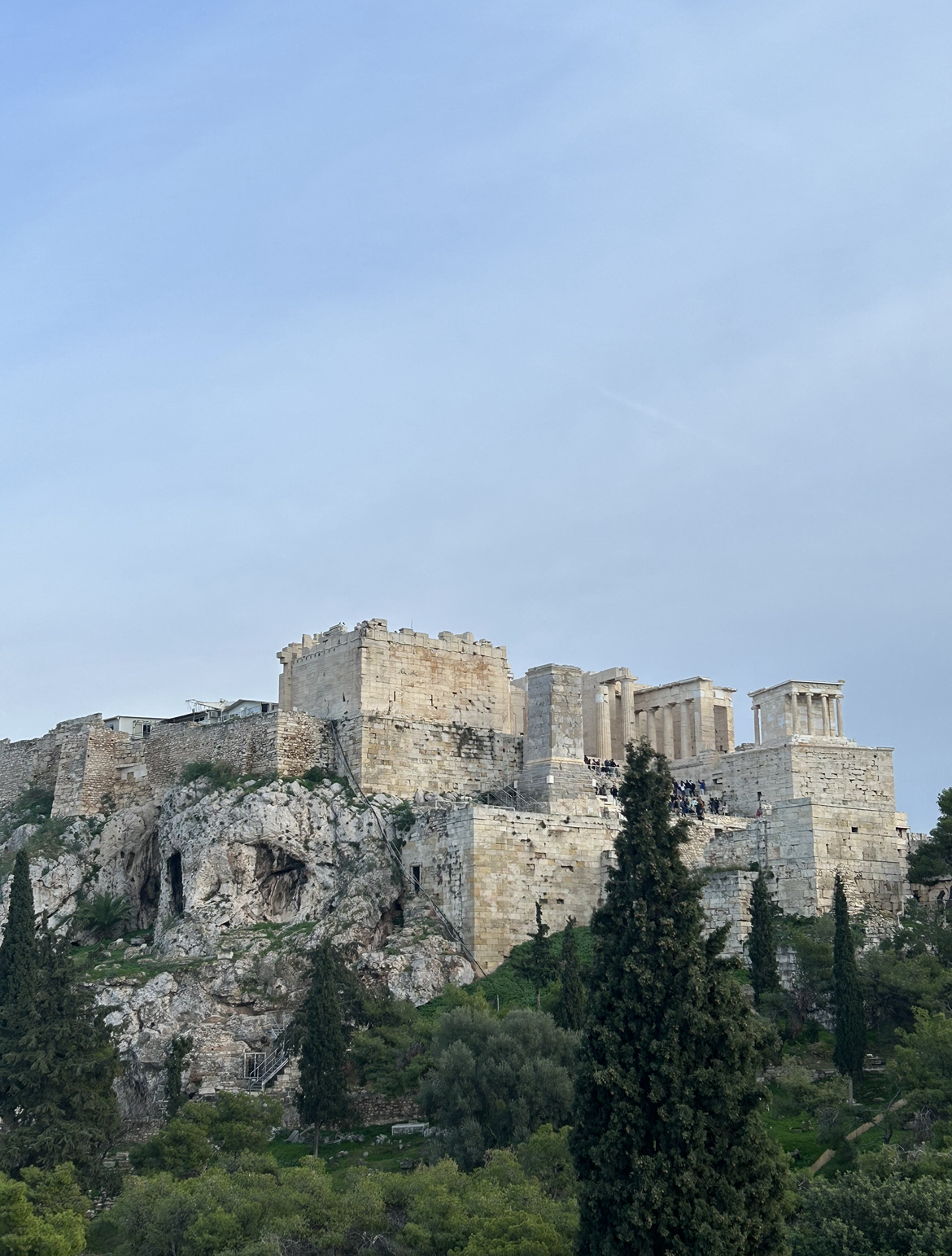 View of the Acropolis from the rock at the Acropolis, Athens, Greece.