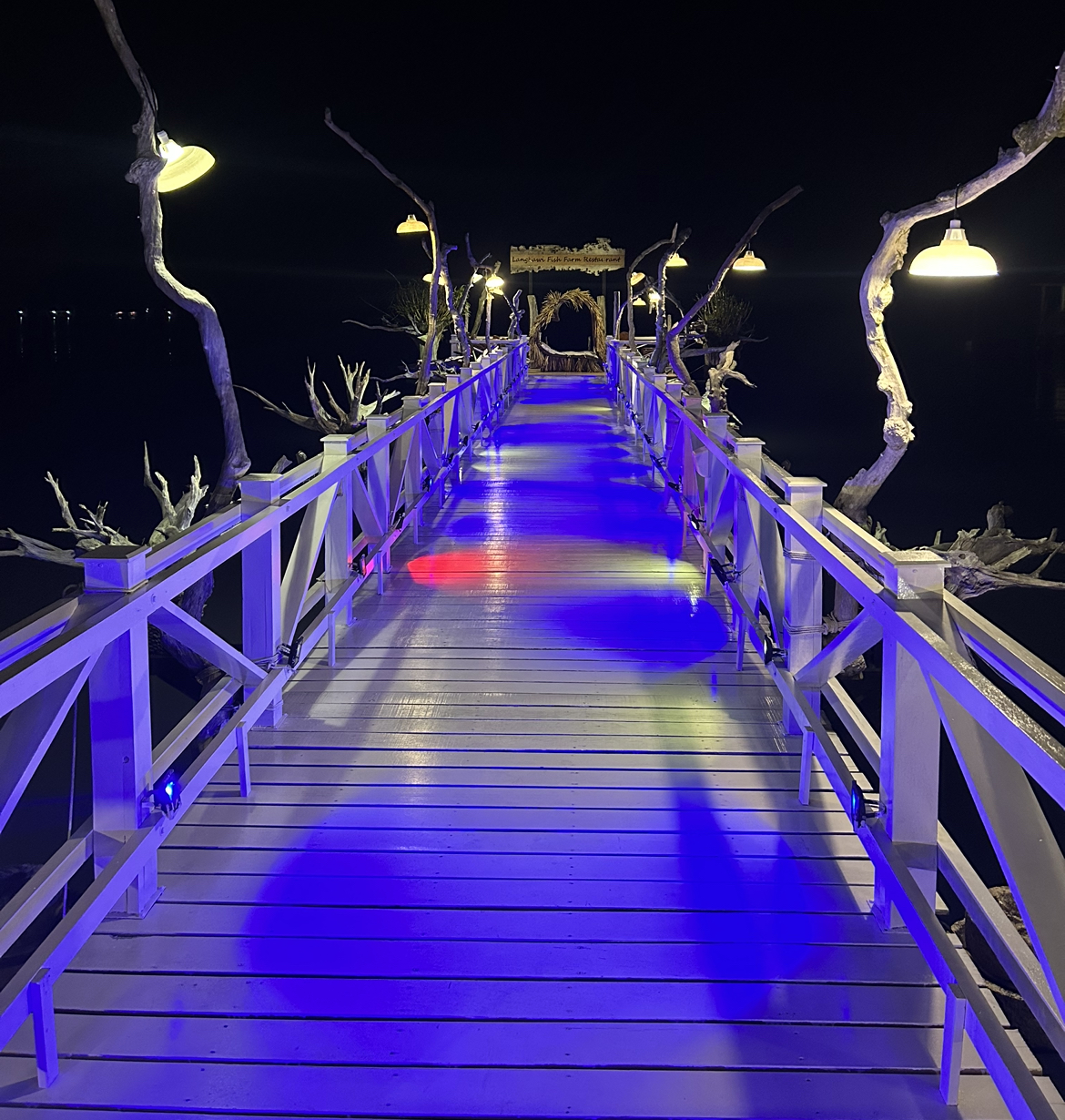 Boardwalk at Fish Farm Restaurant, Langkawi, Malaysia.